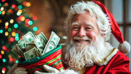 Cheerful Santa Claus holding a festive striped bag overflowing with US dollar bills, symbolizing wealth and holiday prosperity.の写真素材