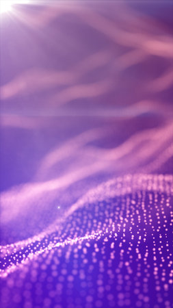 Soft-focus violet background with glowing particles forming undulating waveforms under sunlight.