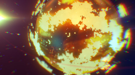 A vibrant digital depiction of Earth with pixelated textures in warm orange hues, symbolizing a futuristic and high-tech global concept background.の写真素材