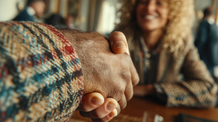 Close-up of a warm handshake between two people in a cozy environment, symbolizing agreement, trust, and cooperation.の素材