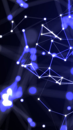 Abstract neural network pattern with glowing blue nodes and connecting lines on a dark background.