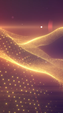 Smooth waves of glowing golden particles flow through a dreamy violet space.