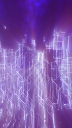 Abstract digital cityscape with purple tones and glowing geometric patterns, suggesting futuristic technology and data flow.の写真素材
