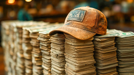 A weathered baseball cap rests atop massive stacks of old dollar bills, evoking themes of hidden fortune or old wealth.の素材
