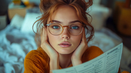 Portrait of unhappy stressed young woman wearing glasses, feeling frustration, photorealistic close-up.の素材