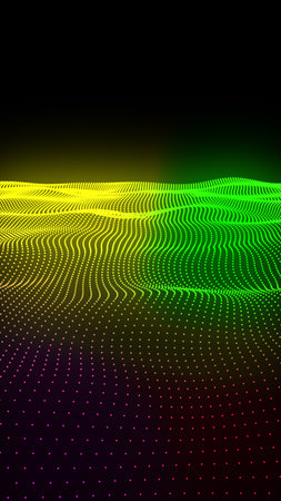 Colorful wave grid of neon dots forming a glowing terrain on dark background.