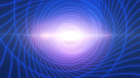 Cool blue wireframe tunnel with a central white light, evoking a futuristic, sci-fi concept related to data networks, artificial intelligence, and connectivity background.の写真素材