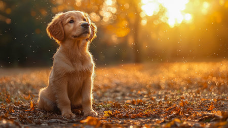 Golden retriever puppy sits peacefully on autumn leaves, surrounded by warm light and floating dust particles.の写真素材