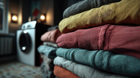 A stack of colorful folded laundry next to a modern washing machine in a cozy home setting