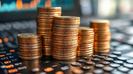 Stacked gold coins on a digital tablet with stock charts in the background, symbolizing financial investment.の写真素材