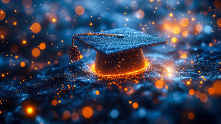 Digital graduation cap glowing with red and blue lights, symbolizing futuristic education and online...