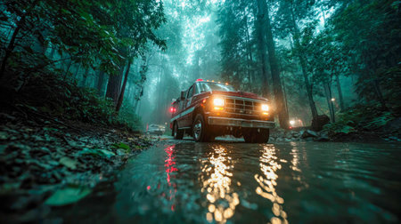 Fire truck navigating a misty forest road during emergency response, headlights reflecting off the wet surface.の写真素材