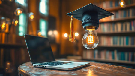 A graduation cap sits on a glowing light bulb above a laptop on a wooden desk, symbolizing e-learning and creativity.の写真素材