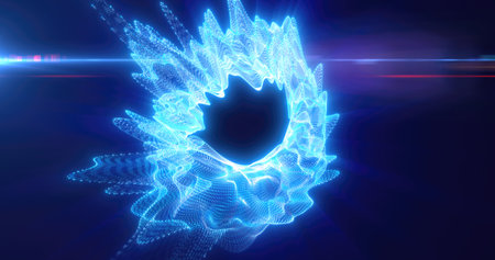 A light burst creating an abstract swirl of blue color with bright digital points and a dark center.の写真素材