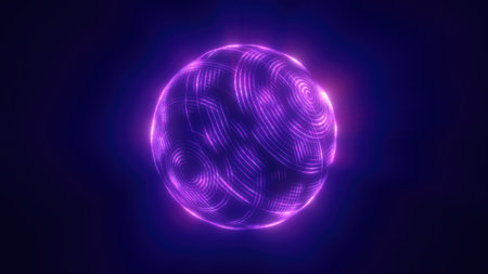A glowing purple sphere with intricate neon-like patterns floating in a dark background, resembling futuristic technology or abstract digital art.の写真素材