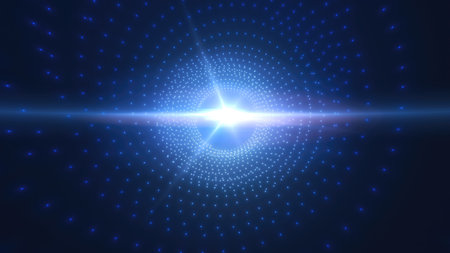 Futuristic blue grid tunnel with a bright core light, representing technology, data transmission, and high-speed connectivity in a sci-fi style background.の写真素材