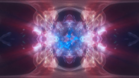 A mirrored abstract pink and blue swirling energy, forming a cosmic and futuristic design.の写真素材