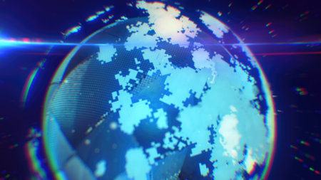 A vibrant digital depiction of Earth in pixelated patterns, blending technology with a futuristic aesthetic background.の写真素材