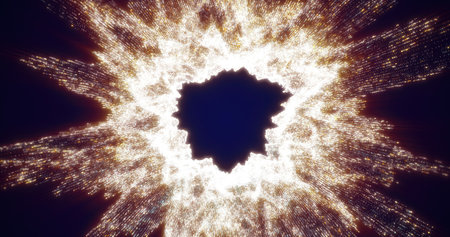 Radiant white and gold burst of light particles spreading outward, creating a warm and luminous aesthetic energy against a dark backdrop.の写真素材