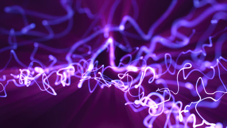 Glowing abstract purple light trails forming flowing wave patterns on a dark futuristic background futuristic.の写真素材