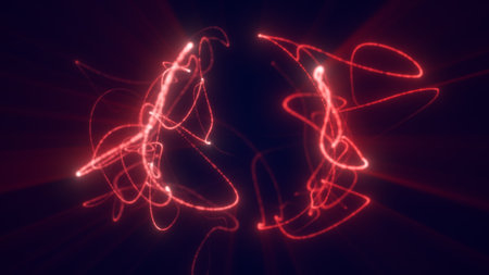 Dynamic abstract composition of red glowing light trails forming an energetic sphere against a dark...