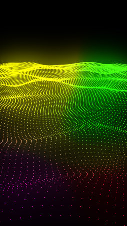 Colorful wave grid of neon dots forming a glowing terrain on dark background.の写真素材