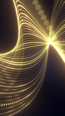 Flowing golden lines creating fluid wave shapes, glowing on a dark background, evoking technology and energy streams.の写真素材