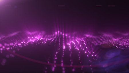 Abstract purple glowing wave of light particles on a dark background. Futuristic fiber optics or...