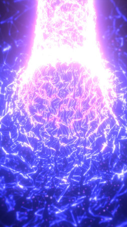 Vibrant violet and blue light grid forming an abstract digital network of glowing triangular...
