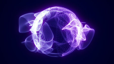 Abstract glowing purple digital sphere formed from delicate particle waves, futuristic and dynamic energy visualization.の写真素材