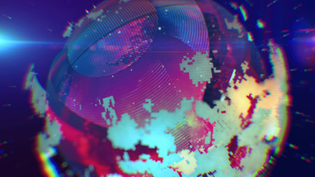 A vibrant digital depiction of Earth in purple and pink pixelated patterns, blending technology with...