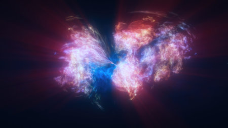 A mirrored abstract pink and blue swirling energy, forming a cosmic and futuristic design.の写真素材