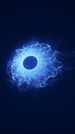 Glowing blue energy sphere dispersing particles in a digital abstract space on a dark blue...