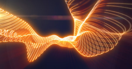 Radiant golden waveforms in motion, symbolizing energy flow, light, and futuristic sound vibrations.の写真素材