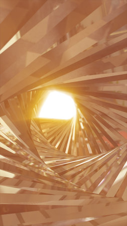 Abstract golden spiral tunnel with glowing center, creating a futuristic sense of movement and...