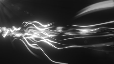 Abstract monochrome glowing streams of light, dynamic flowing lines, futuristic digital background.の写真素材