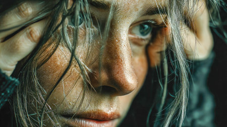 Portrait of a distressed woman holding her head in frustration, wet hair and intense emotion under cold lighting.の素材