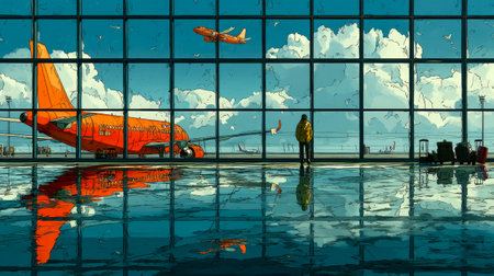 Illustrated scene of a traveler observing planes through a large airport window, with vivid orange aircraft and reflections on a glossy floor.の素材