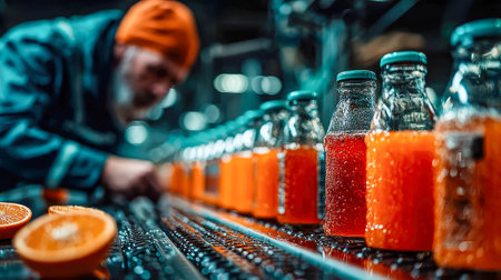 Bottles of juice on a production line with a worker inspecting them in a blurred industrial background.の素材