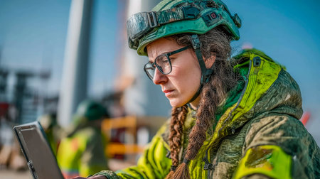 Focused female engineer in safety gear using a laptop at a wind turbine site, highlighting renewable energy and technology.の素材