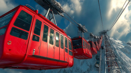 Red gondola cable cars ascend snowy mountains under a dramatic sky, capturing winter travel and ski resort transport.の素材