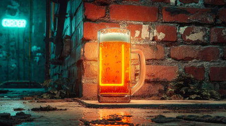 Frosted glass of golden beer illuminated by warm orange light in an industrial setting with textured brick wall and glowing bulb.の素材