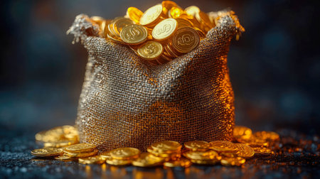 Burlap sack overflowing with shiny gold coins symbolizing financial wealth and treasure.の素材