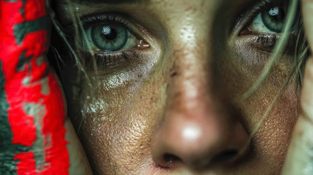 Extreme close-up of a gritty, determined woman with intense eyes and dirt-streaked face, expressing raw power and resilience/の素材