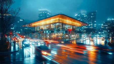 Futuristic cityscape glowing at night with light trails and reflections on wet streets from passing traffic.の素材