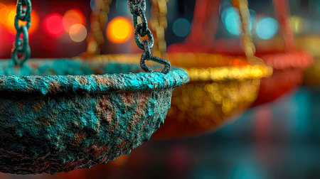 Abstract close-up of bronze justice scales on a blue surface with glowing bokeh background.の素材