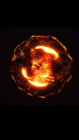 A fiery cosmic explosion with glowing orange particles forming a burning solar-like burst,...