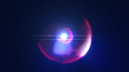 Radiant blue energy burst at the center of a circular light formation in space.の写真素材