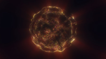 A golden-hued glowing sphere made of intricate light patterns floating in a dark void.の写真素材