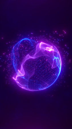 Futuristic 3D sphere made of neon particles glowing in vibrant pink and blue against a dark tech background.の写真素材